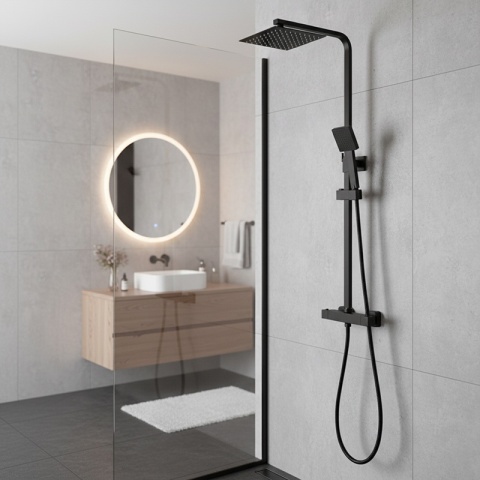 BATERIA PRYSZNICOWA ŁAZIENKOWA Z DESZCZOWNICĄ TERMOSTATEM T153B-BL CZARNA