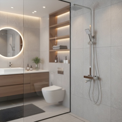 BATERIA PRYSZNICOWA ŁAZIENKOWA Z DESZCZOWNICĄ TERMOSTATEM T154A CHROM