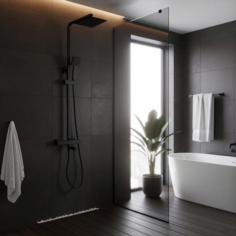 BATERIA PRYSZNICOWA ŁAZIENKOWA Z DESZCZOWNICĄ TERMOSTATEM T154B-BL CZARNA