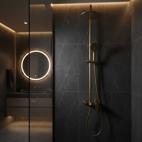 BATERIA PRYSZNICOWA ŁAZIENKOWA ZESTAW Z DESZCZOWNICĄ ADA ZŁOTA SZCZOTKOWANA