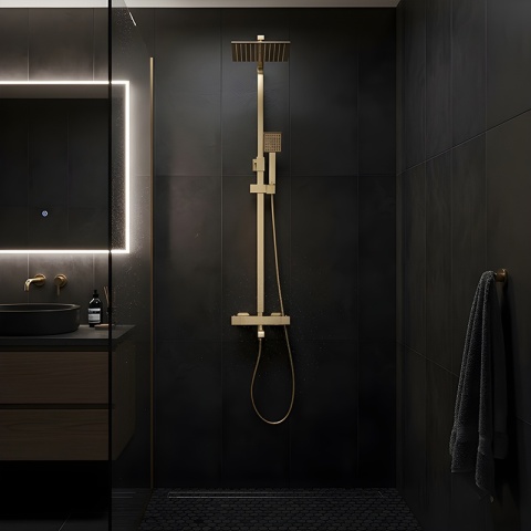 BATERIA PRYSZNICOWA Z DESZCZOWNICĄ TERMOSTATEM T154C ZŁOTA SZCZOTKOWANA