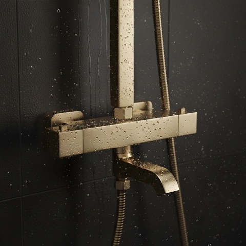 BATERIA PRYSZNICOWA Z DESZCZOWNICĄ TERMOSTATEM T154C ZŁOTA SZCZOTKOWANA