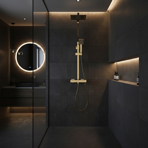 BATERIA PRYSZNICOWA Z TERMOSTATEM DESZCZOWNICĄ T153 ZŁOTA SZCZOTKOWANA