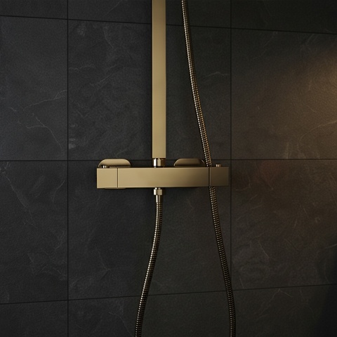 BATERIA PRYSZNICOWA Z TERMOSTATEM DESZCZOWNICĄ T153 ZŁOTA SZCZOTKOWANA