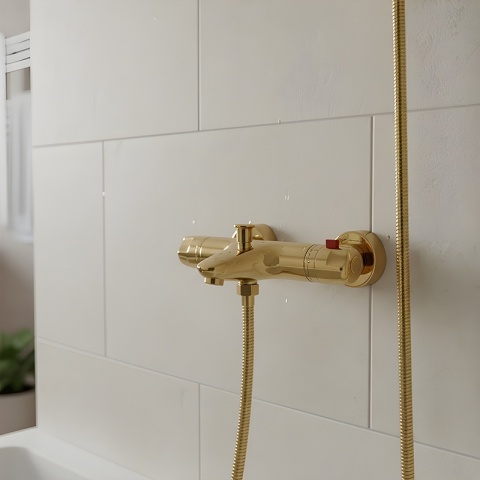 BATERIA PRYSZNICOWA Z TERMOSTATEM ŚCIENNA ŁAZIENKOWA NATRYSKOWA T205 ZŁOTA