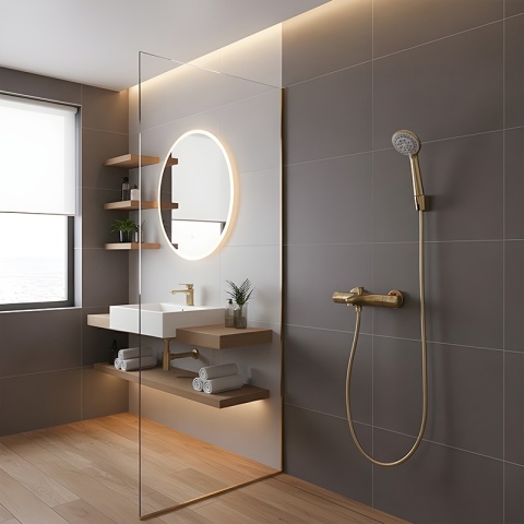 BATERIA PRYSZNICOWA Z TERMOSTATEM ŚCIENNA ŁAZIENKOWA ZŁOTA SZCZOTKOWANA