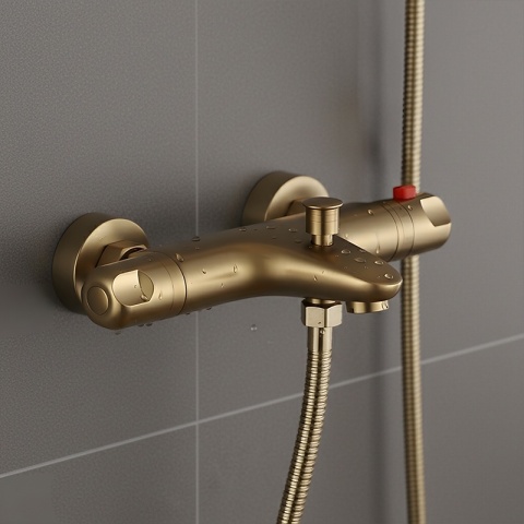 BATERIA PRYSZNICOWA Z TERMOSTATEM ŚCIENNA ŁAZIENKOWA ZŁOTA SZCZOTKOWANA