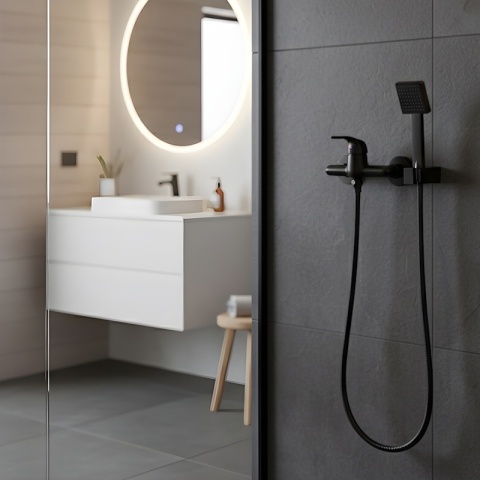 BATERIA WANNOWA ŚCIENNA PRYSZNICOWA NATRYSKOWA ZESTAW F307B-BL CZARNA