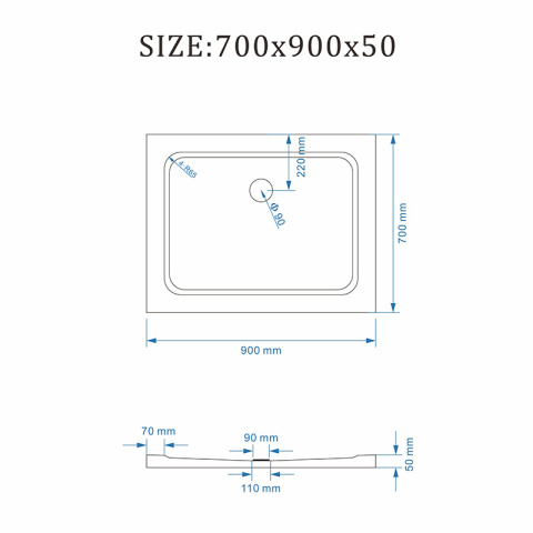 BRODZIK PRYSZNICOWY PROSTOKĄTNY SLIM ST05C BIAŁY 90x70 CM