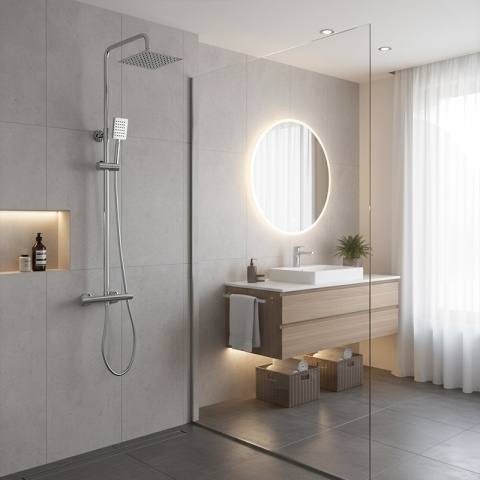 BATERIA PRYSZNICOWA ŁAZIENKOWA Z DESZCZOWNICĄ TERMOSTATEM T151A CHROM