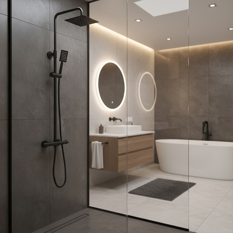 BATERIA PRYSZNICOWA ŁAZIENKOWA Z DESZCZOWNICĄ TERMOSTATEM T151B CZARNA