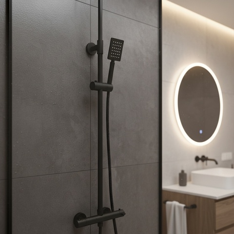 BATERIA PRYSZNICOWA ŁAZIENKOWA Z DESZCZOWNICĄ TERMOSTATEM T151B CZARNA