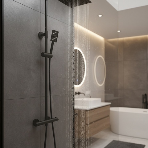 BATERIA PRYSZNICOWA ŁAZIENKOWA Z DESZCZOWNICĄ TERMOSTATEM T151B CZARNA