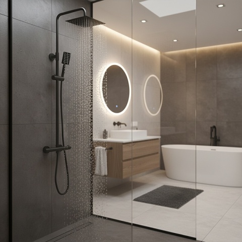 BATERIA PRYSZNICOWA ŁAZIENKOWA Z DESZCZOWNICĄ TERMOSTATEM T151B CZARNA