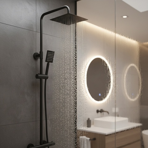 BATERIA PRYSZNICOWA ŁAZIENKOWA Z DESZCZOWNICĄ TERMOSTATEM T151B CZARNA