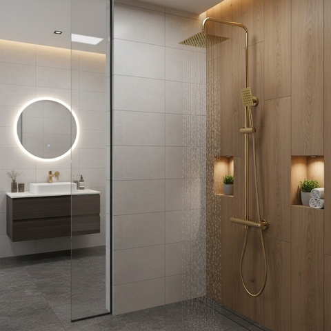 BATERIA PRYSZNICOWA ŁAZIENKOWA Z DESZCZOWNICĄ TERMOSTATEM T151C-GL ZŁOTA