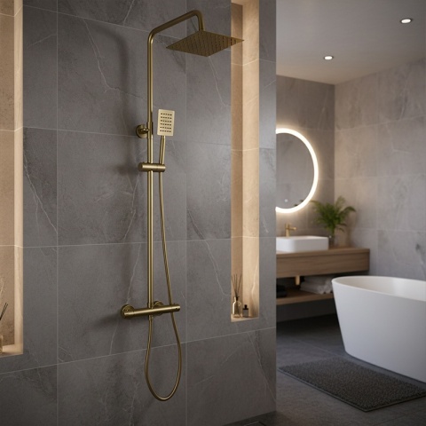 BATERIA PRYSZNICOWA Z TERMOSTATEM DESZCZOWNICĄ T151 ZŁOTA SZCZOTKOWANA