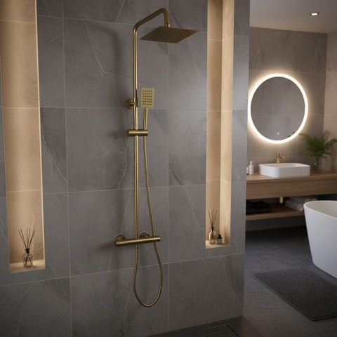 BATERIA PRYSZNICOWA Z TERMOSTATEM DESZCZOWNICĄ T151 ZŁOTA SZCZOTKOWANA