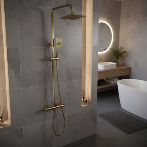 BATERIA PRYSZNICOWA Z TERMOSTATEM DESZCZOWNICĄ T151 ZŁOTA SZCZOTKOWANA