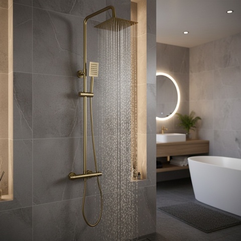 BATERIA PRYSZNICOWA Z TERMOSTATEM DESZCZOWNICĄ T151 ZŁOTA SZCZOTKOWANA