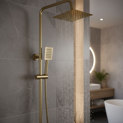 BATERIA PRYSZNICOWA Z TERMOSTATEM DESZCZOWNICĄ T151 ZŁOTA SZCZOTKOWANA