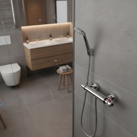 BATERIA PRYSZNICOWA Z TERMOSTATEM ŚCIENNA ŁAZIENKOWA NATRYSKOWA T201 CHROM