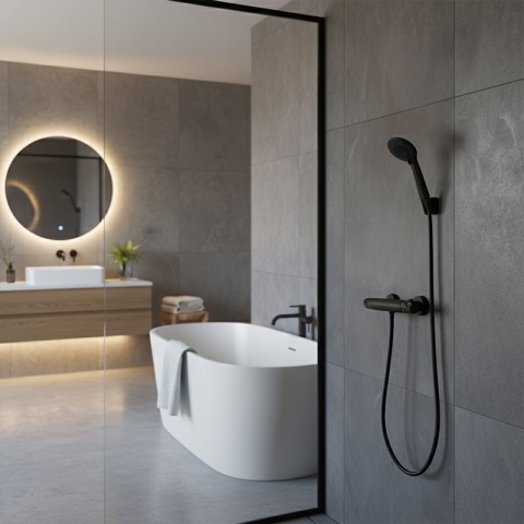 BATERIA PRYSZNICOWA Z TERMOSTATEM ŚCIENNA ŁAZIENKOWA NATRYSKOWA T201 CZARNA