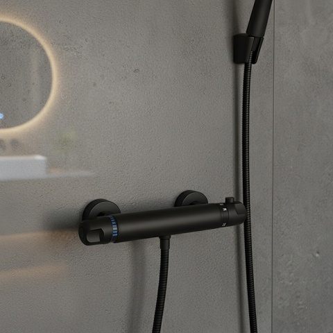 BATERIA PRYSZNICOWA Z TERMOSTATEM ŚCIENNA ŁAZIENKOWA NATRYSKOWA T201 CZARNA