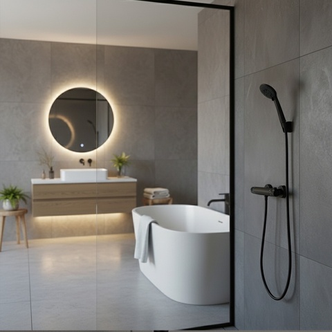 BATERIA PRYSZNICOWA Z TERMOSTATEM ŚCIENNA ŁAZIENKOWA NATRYSKOWA T201 CZARNA