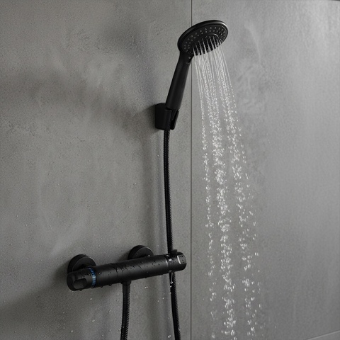 BATERIA PRYSZNICOWA Z TERMOSTATEM ŚCIENNA ŁAZIENKOWA NATRYSKOWA T201 CZARNA