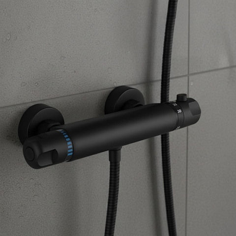 BATERIA PRYSZNICOWA Z TERMOSTATEM ŚCIENNA ŁAZIENKOWA NATRYSKOWA T201 CZARNA