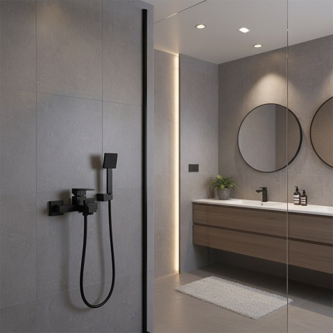 BATERIA WANNOWA ŚCIENNA PRYSZNICOWA NATRYSKOWA ZESTAW F302B-BL CZARNA