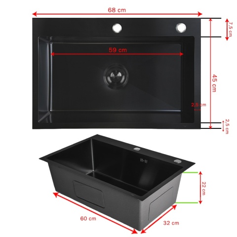 ZLEWOZMYWAK JEDOKOMOROWY STALOWY 68X45 CM CZARNY ZLEW KUCHENNY HUGO SYFON