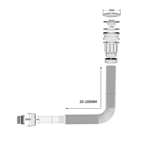 SYFON UMYWALKOWY Z KORKIEM CHROM UNIWERSALNY REGULOWANY OLEK-CH 30-100 CM