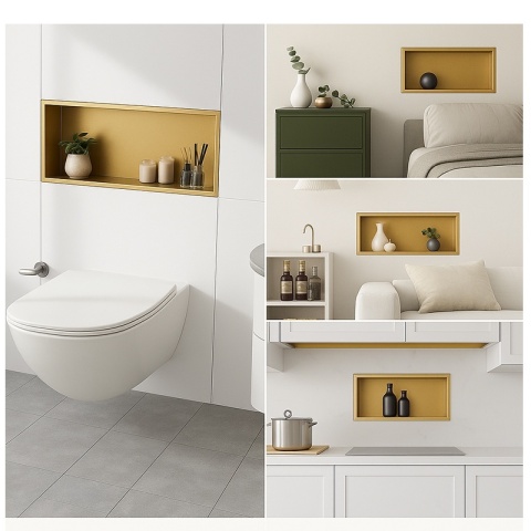 PÓŁKA ŁAZIENKOWA WNĘKOWA IGA Z KOŁNIERZEM ZŁOTA 45X20X10 CM