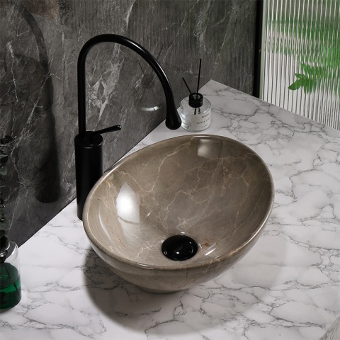 UMYWALKA NABLATOWA CERAMICZNA MARMUROWA OWALNA LUMO-MAR8-405 BEŻOWY POŁYSK 33x45 CM