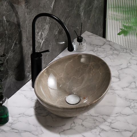 UMYWALKA NABLATOWA CERAMICZNA MARMUROWA OWALNA LUMO-MAR8-405 BEŻOWY POŁYSK 33x45 CM