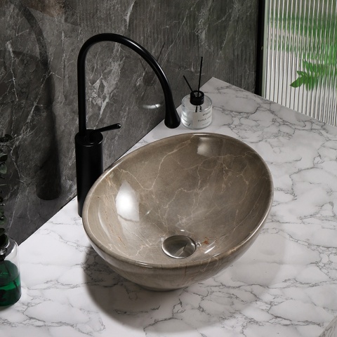 UMYWALKA NABLATOWA CERAMICZNA MARMUROWA OWALNA LUMO-MAR8-405 BEŻOWY POŁYSK 33x45 CM