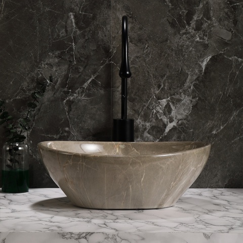 UMYWALKA NABLATOWA CERAMICZNA MARMUROWA OWALNA LUMO-MAR8-405 BEŻOWY POŁYSK 33x45 CM