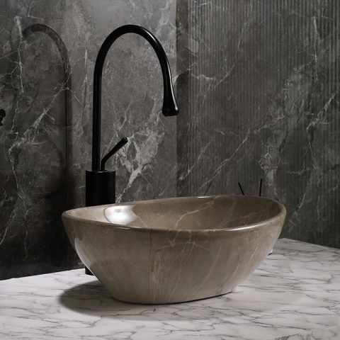 UMYWALKA NABLATOWA CERAMICZNA MARMUROWA OWALNA LUMO-MAR8-405 BEŻOWY POŁYSK 33x45 CM