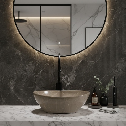UMYWALKA NABLATOWA CERAMICZNA MARMUROWA OWALNA LUMO-MAR8-405 BEŻOWY POŁYSK 33x45 CM