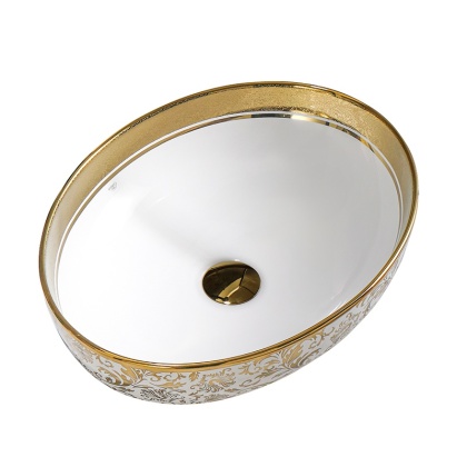 UMYWALKA NABLATOWA CERAMICZNA OWALNA KINI-WH-MOD6-500 BIAŁA ZŁOTA 50x37 CM