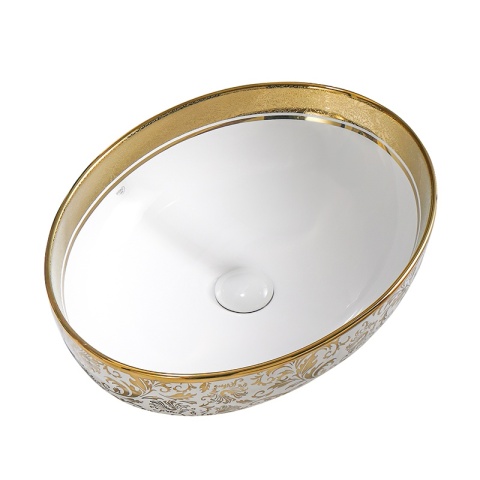 UMYWALKA NABLATOWA CERAMICZNA OWALNA KINI-WH-MOD6-500 BIAŁA ZŁOTA 50x37 CM