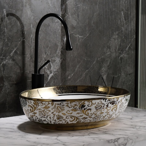 UMYWALKA NABLATOWA CERAMICZNA OWALNA KINI-WH-MOD6-500 BIAŁA ZŁOTA 50x37 CM