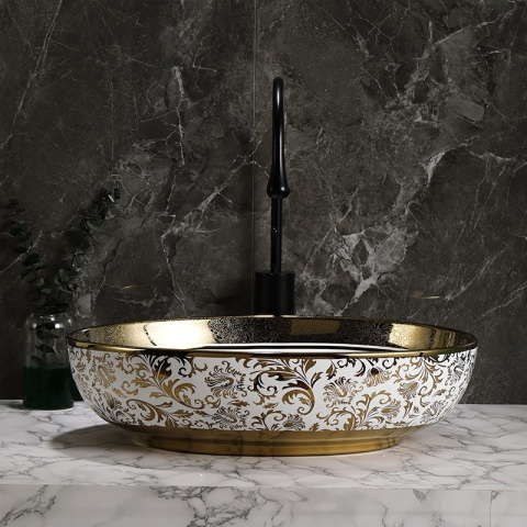 UMYWALKA NABLATOWA CERAMICZNA OWALNA KINI-WH-MOD6-500 BIAŁA ZŁOTA 50x37 CM