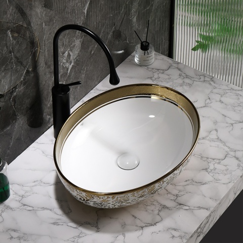 UMYWALKA NABLATOWA CERAMICZNA OWALNA KINI-WH-MOD6-500 BIAŁA ZŁOTA 50x37 CM