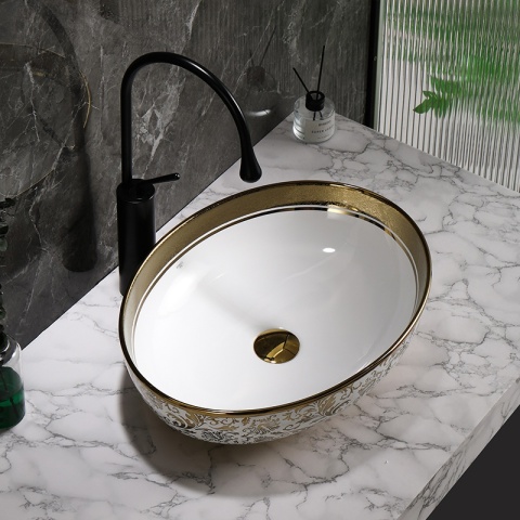 UMYWALKA NABLATOWA CERAMICZNA OWALNA KINI-WH-MOD6-500 BIAŁA ZŁOTA 50x37 CM