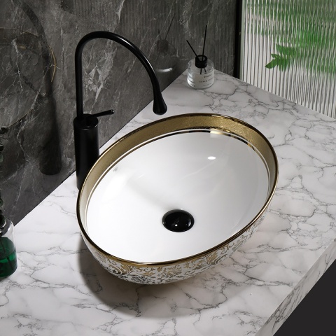 UMYWALKA NABLATOWA CERAMICZNA OWALNA KINI-WH-MOD6-500 BIAŁA ZŁOTA 50x37 CM