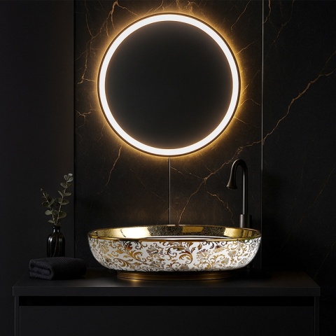 UMYWALKA NABLATOWA CERAMICZNA OWALNA KINI-WH-MOD6-500 BIAŁA ZŁOTA 50x37 CM