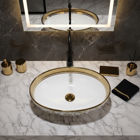 UMYWALKA NABLATOWA CERAMICZNA OWALNA KINI-WH-MOD6-500 BIAŁA ZŁOTA 50x37 CM